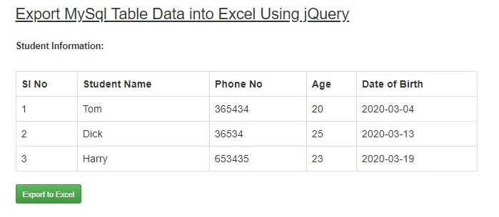 How to export MySQL table data into excel using jQuery