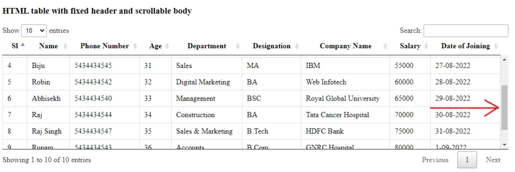 HTML Table with Fixed Header and Scrollable Body