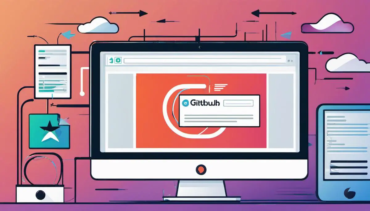 Illustration of a computer screen with a Github logo and download arrows, representing the process of downloading files and repositories from Github.