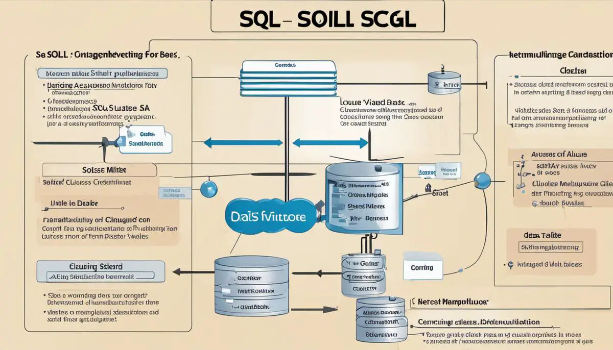 A diagram illustrating the basics of SQL, including database creation, table creation, data manipulation, selection, filtering, sorting, and the use of the DISTINCT clause for returning unique values.